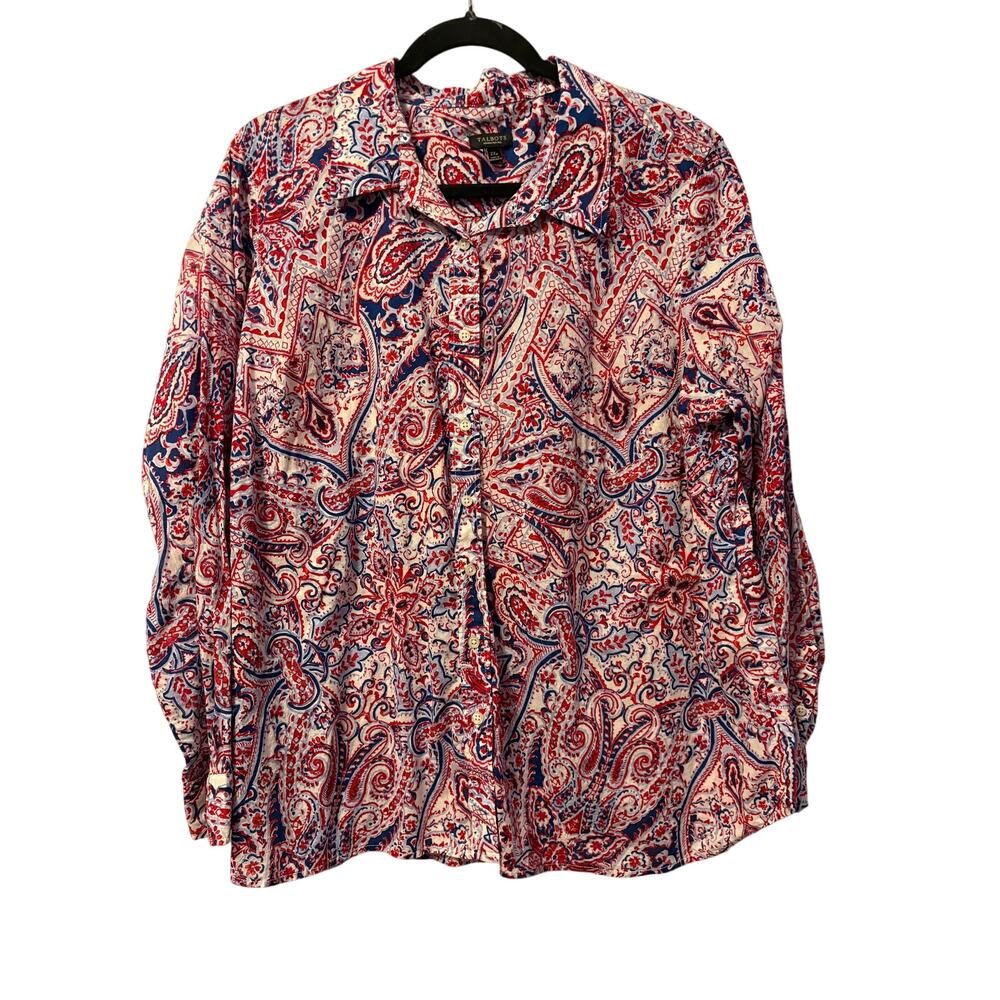 Talbots Button Front Top Red White Blue Collared Paisley Long Sleeve Sz 2XP